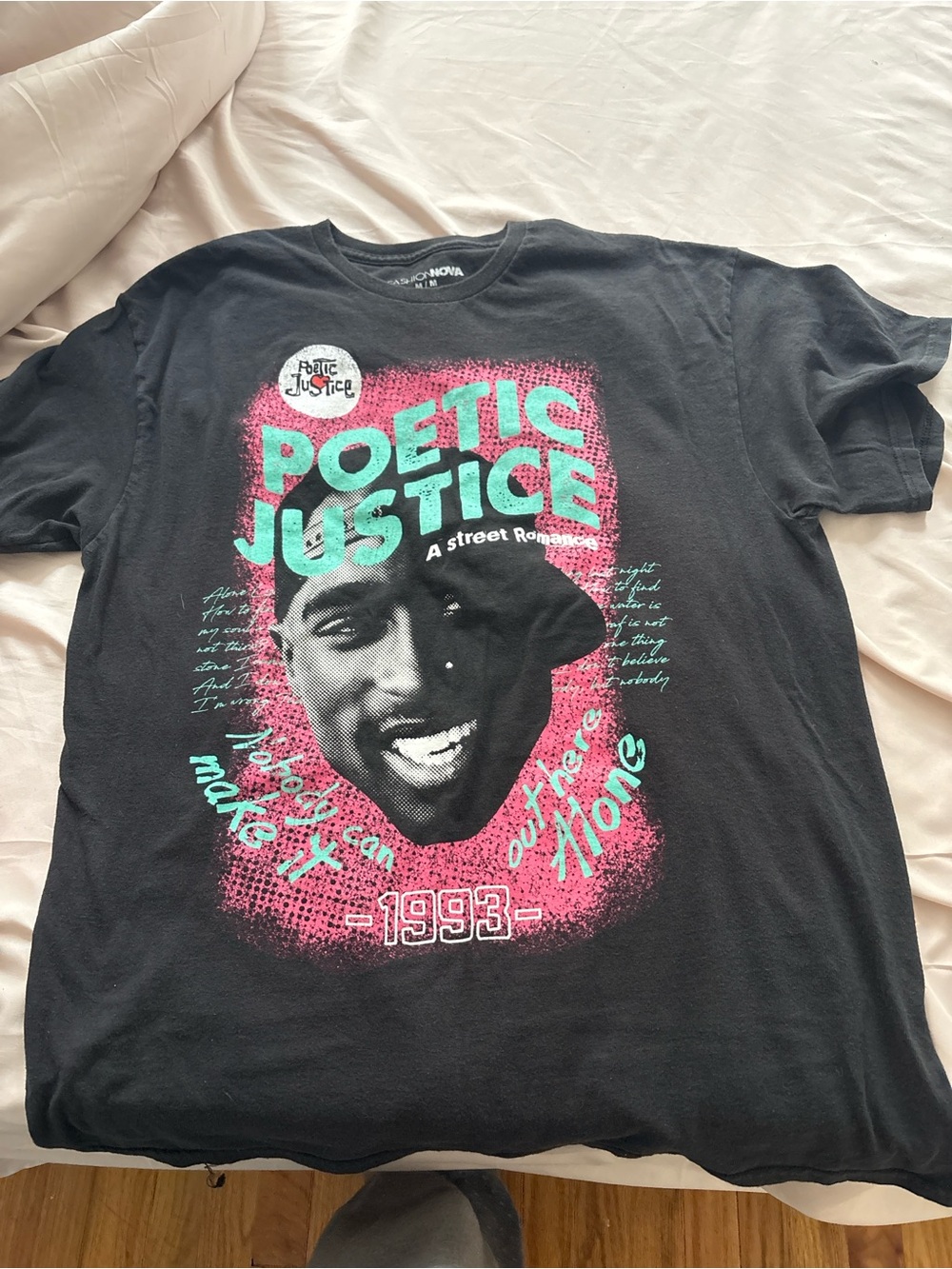Fashion Nova Black Graphic Tee with Pink & Teal Print